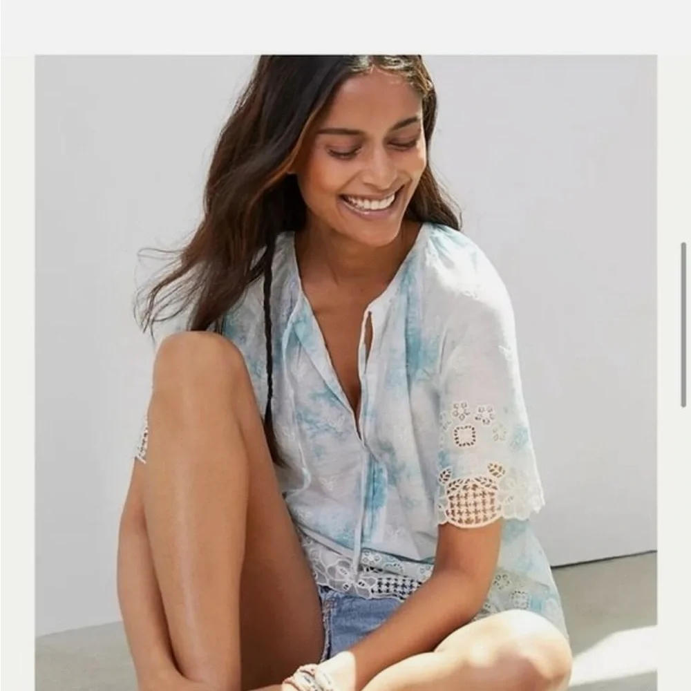 Anthropologie Embroidered Tie Dye Eyelet Lace Boho Puff‎ Sleeve Blouse